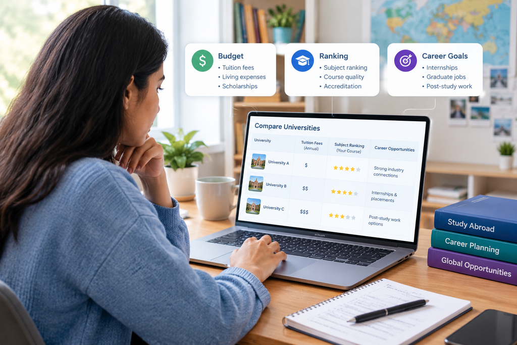 Shortlist universities based on budget, ranking, and career goals using Coursefind.app